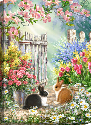 Blossoms and Bunnies Canvas Wall Art. Two bunnies in a garden with blooming flowers.