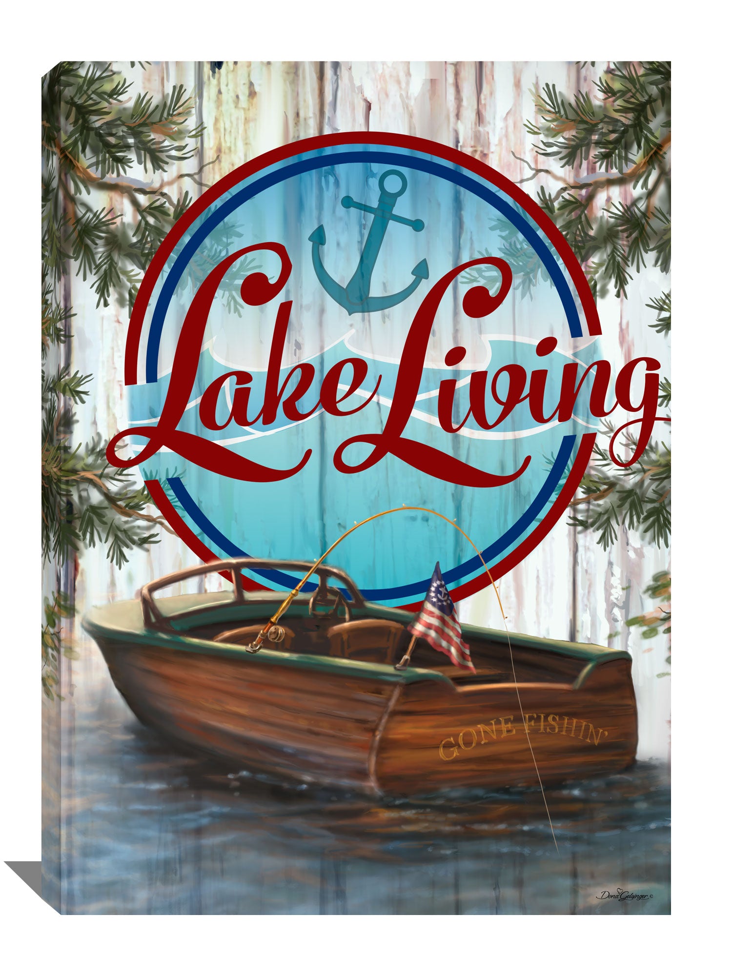 The serene image of a small wooden boat with a fishing rod, its line taut with the promise of a catch, conjures up feelings of peace and tranquility. The words "Lake Living" are written boldly on the canvas, evoking the magic of lazy summer days spent by the water.
