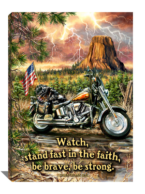 This stunning canvas art features a Harley motorcycle with flames painted on it, an American flag attached to the back, and a leather jacket laid out on the seat. The backdrop includes a lush forest with a towering plateau in the distance, and bolts of lightning crackling through the sky.