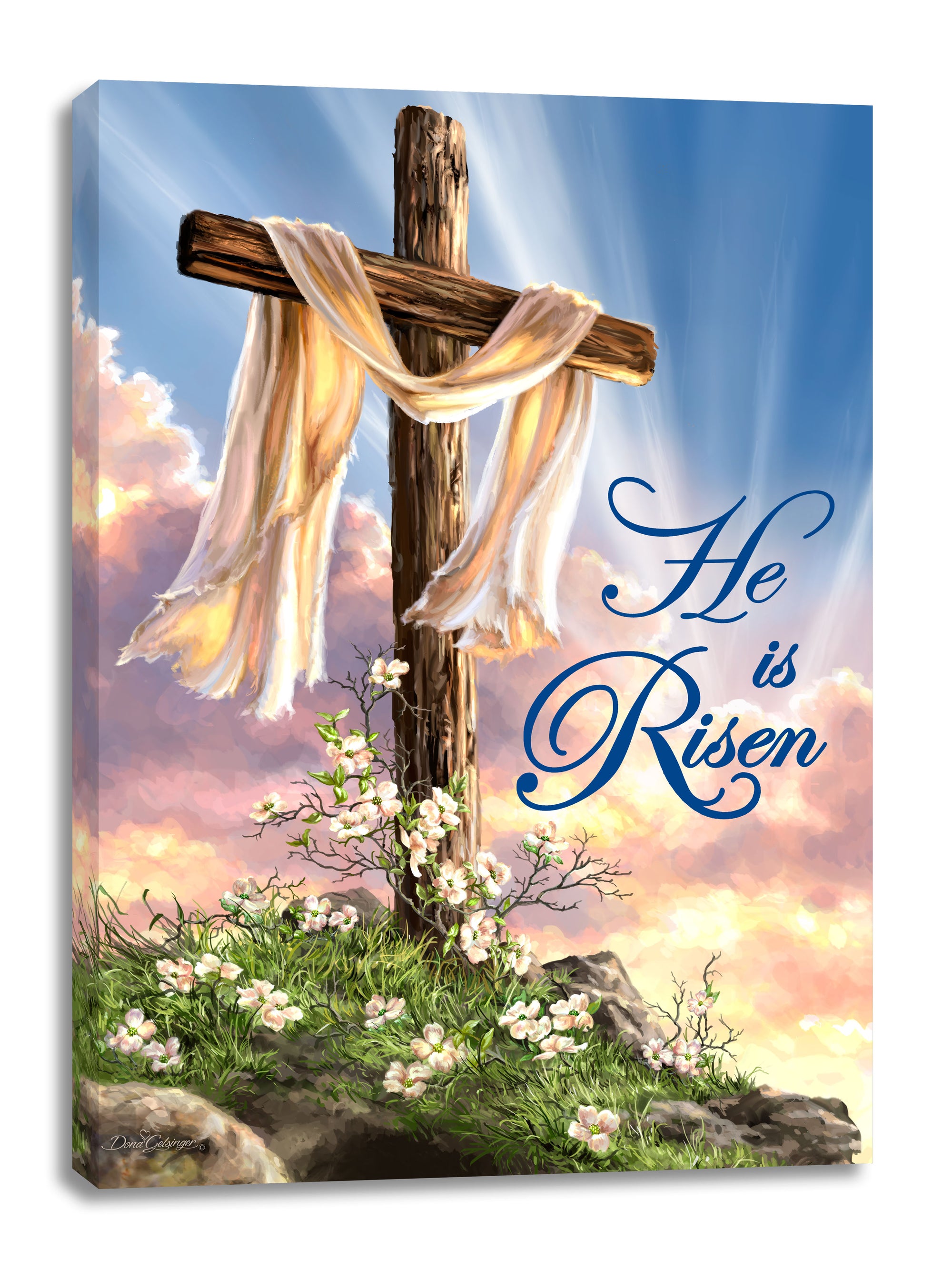  A majestic cross stands atop a hill, draped in cloth, while delicate white flowers adorn its base. The radiant sunlight streaming through the canvas captures the hope and joy of the Easter season.