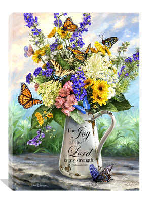 This piece features a gorgeous bouquet of blooming flowers, delicately arranged in a rustic watering tin. As if plucked straight from a countryside garden, the flowers are a stunning sight to behold, with each petal and leaf captured in intricate detail.