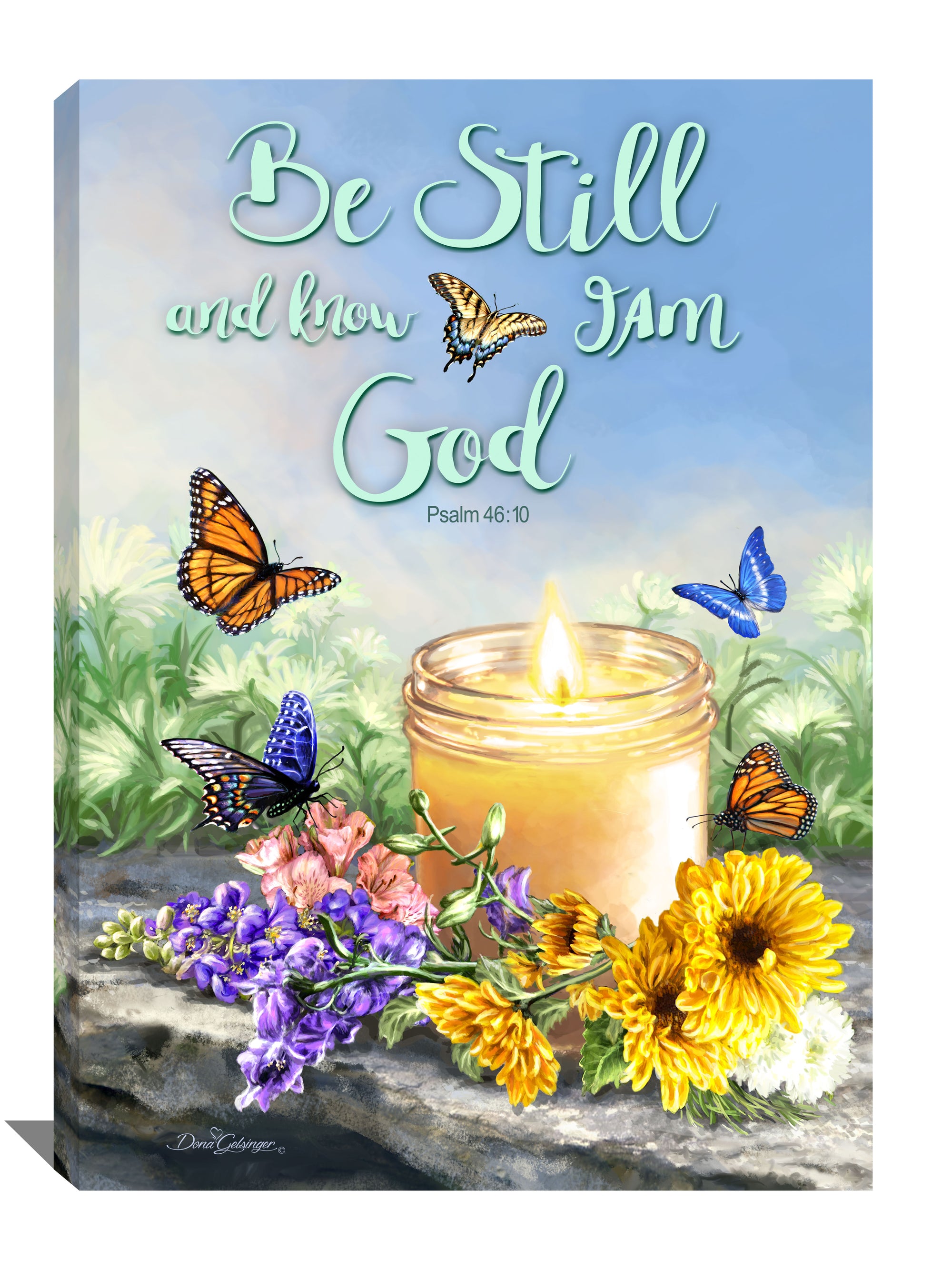  Be Still I am God Canvas Wall Art! Featuring a beautiful candle surrounded by colorful flowers and playful butterflies