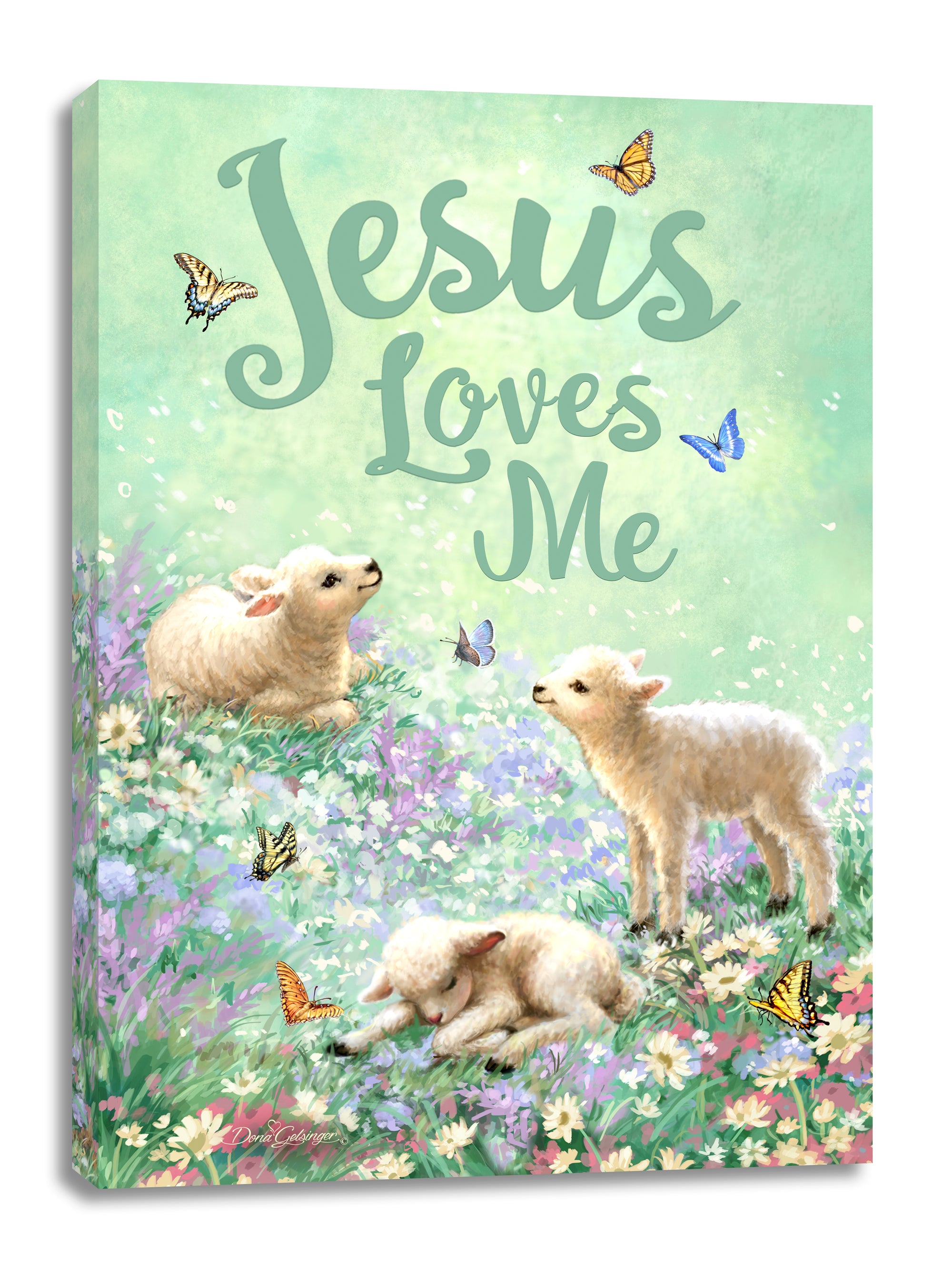 Featuring three adorable lambs frolicking in a flower-covered field, surrounded by a flurry of vibrant butterflies, this piece is a true delight for the eyes.  The message "Jesus loves me" is gracefully written on the canvas, serving as a gentle reminder of the boundless love and compassion that our Savior has for us.