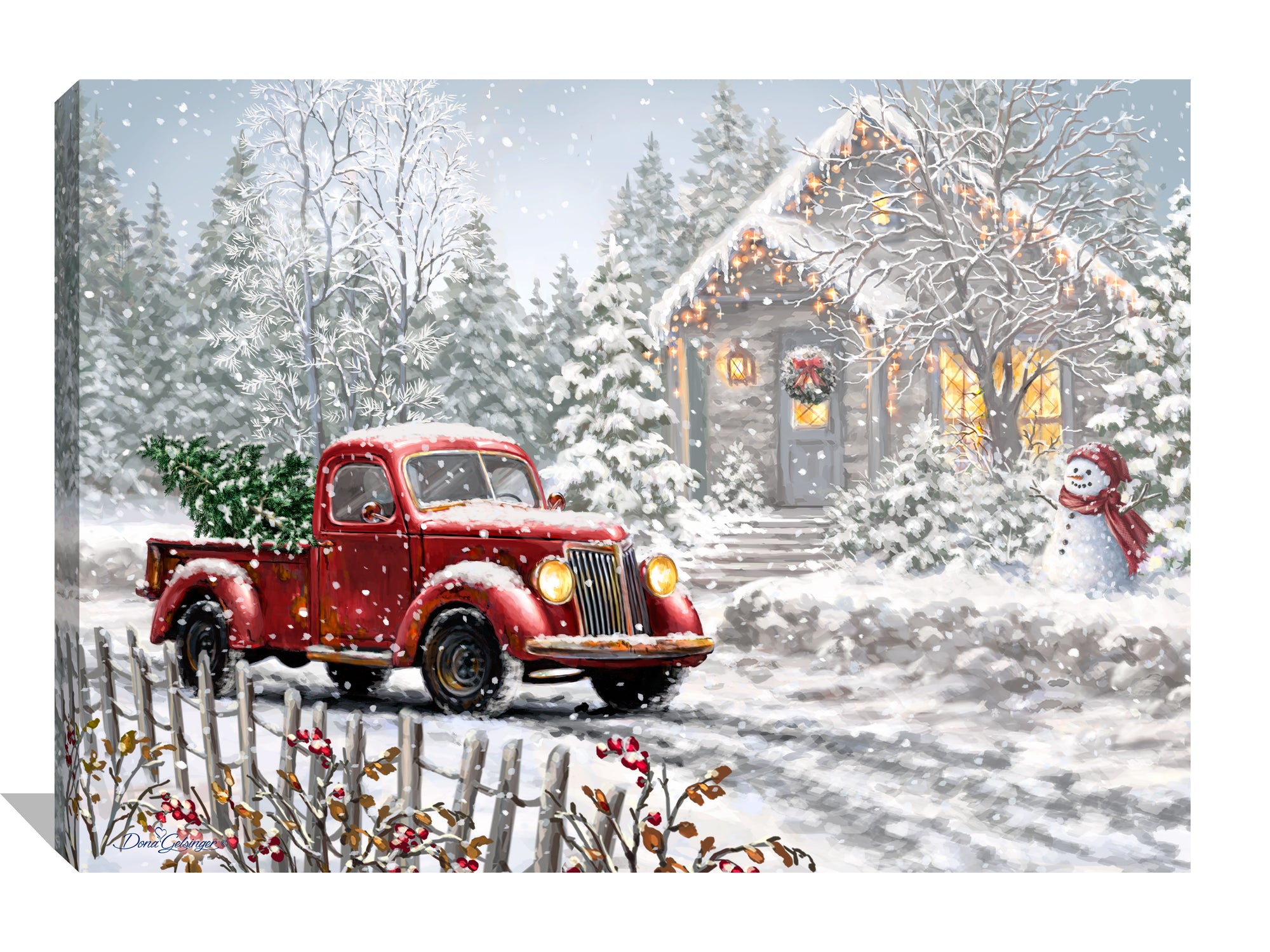a vintage red truck parked in front of a quaint cottage covered in a blanket of snow. The truck is carrying a freshly cut Christmas tree, ready to be taken inside and decorated with your loved ones.