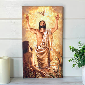  This masterpiece captures the profound moment when John the Baptist baptized Jesus, as a dove flies overhead and a radiant light shining behind him.