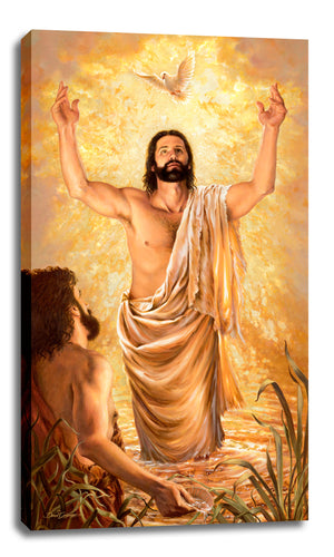 Baptism Of Jesus Canvas Wall Art. Jesus looking at a dove after being baptized.