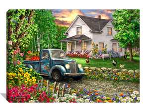 This stunning piece features a picturesque scene straight out of a romantic novel - vibrant flowers in full bloom flank a dusty road, while a vintage blue truck loaded with fresh watermelons and apples takes center stage.  In the distance, a charming white farmhouse beckons, with playful chickens roaming the front yard.