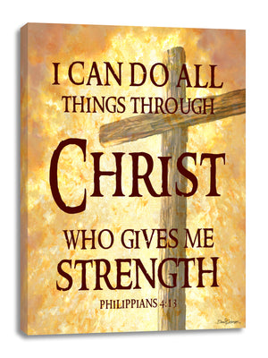 Celebrate the power of love and faith with our All Things Through Christ Canvas Wall Art. Featuring a striking cross in the background and the inspiring words of Philippians 4:13.