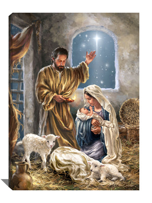 Mary holding baby Jesus in her arms, while Joseph stands in awe beside them, raising his hand in worship. The scene is illuminated by a radiant star shining brightly above them, reminding us of the significance of this special night.