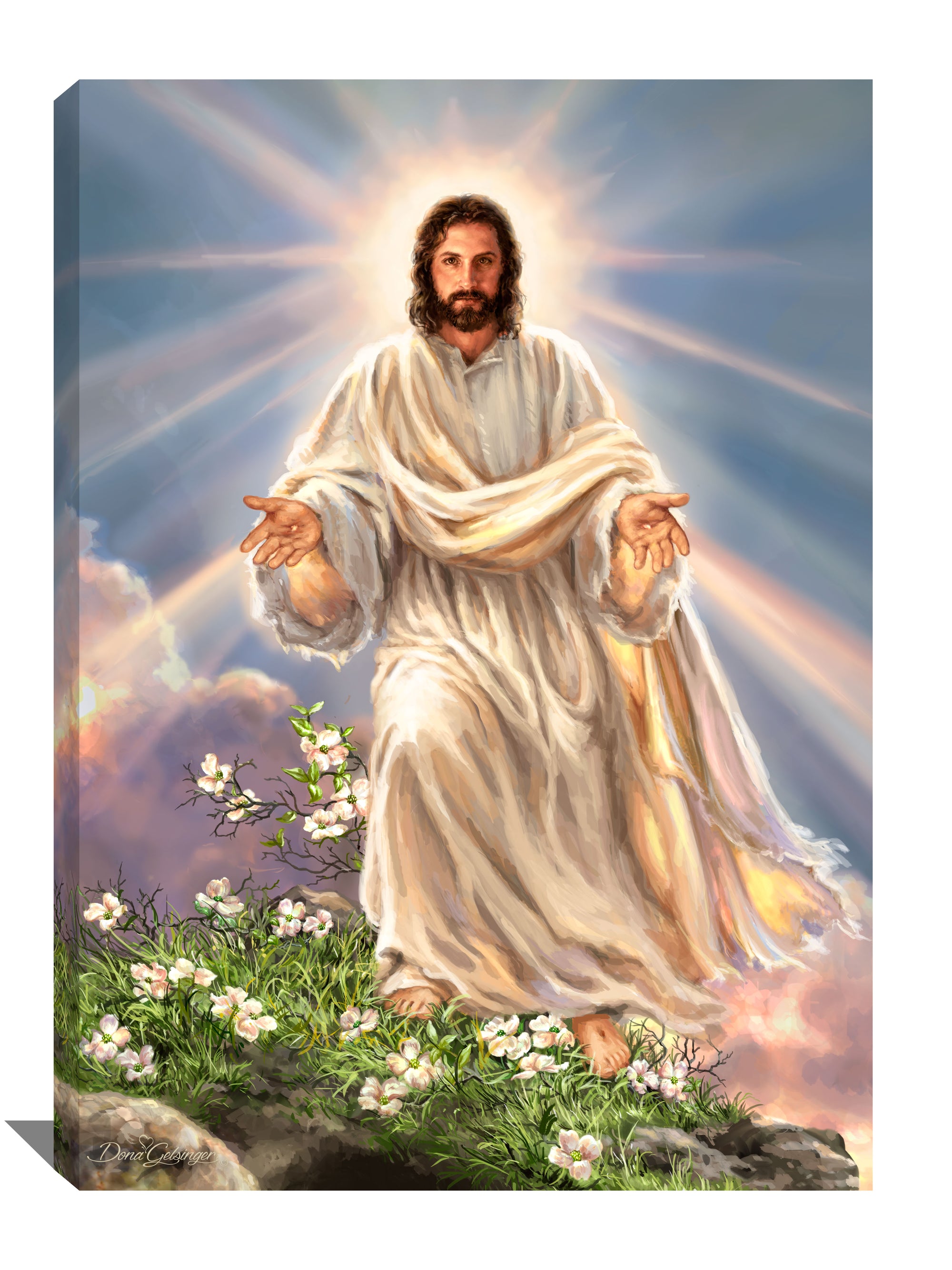 Witness Jesus Christ, just resurrected, standing tall on a hill. The flowing white robes draped on him seem to shine brightly, as if reflecting the glory of the heavens above. The sun's rays cast a radiant light on him, illuminating his divinity.  With his arms stretched out in front of him, Jesus invites you to come closer and witness the wounds that testify to his love for you. 
