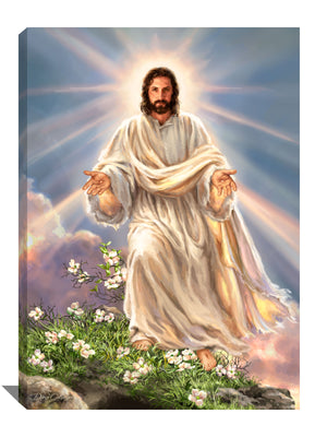 Witness Jesus Christ, just resurrected, standing tall on a hill. The flowing white robes draped on him seem to shine brightly, as if reflecting the glory of the heavens above. The sun's rays cast a radiant light on him, illuminating his divinity.  With his arms stretched out in front of him, Jesus invites you to come closer and witness the wounds that testify to his love for you. 