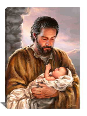  In this beautiful piece, Saint Joseph is depicted cradling baby Jesus in his arms, as the infant reaches up to touch his father's face.  The warmth and affection emanating from this scene are palpable, as Saint Joseph gazes down at his beloved son with a look of pure devotion.