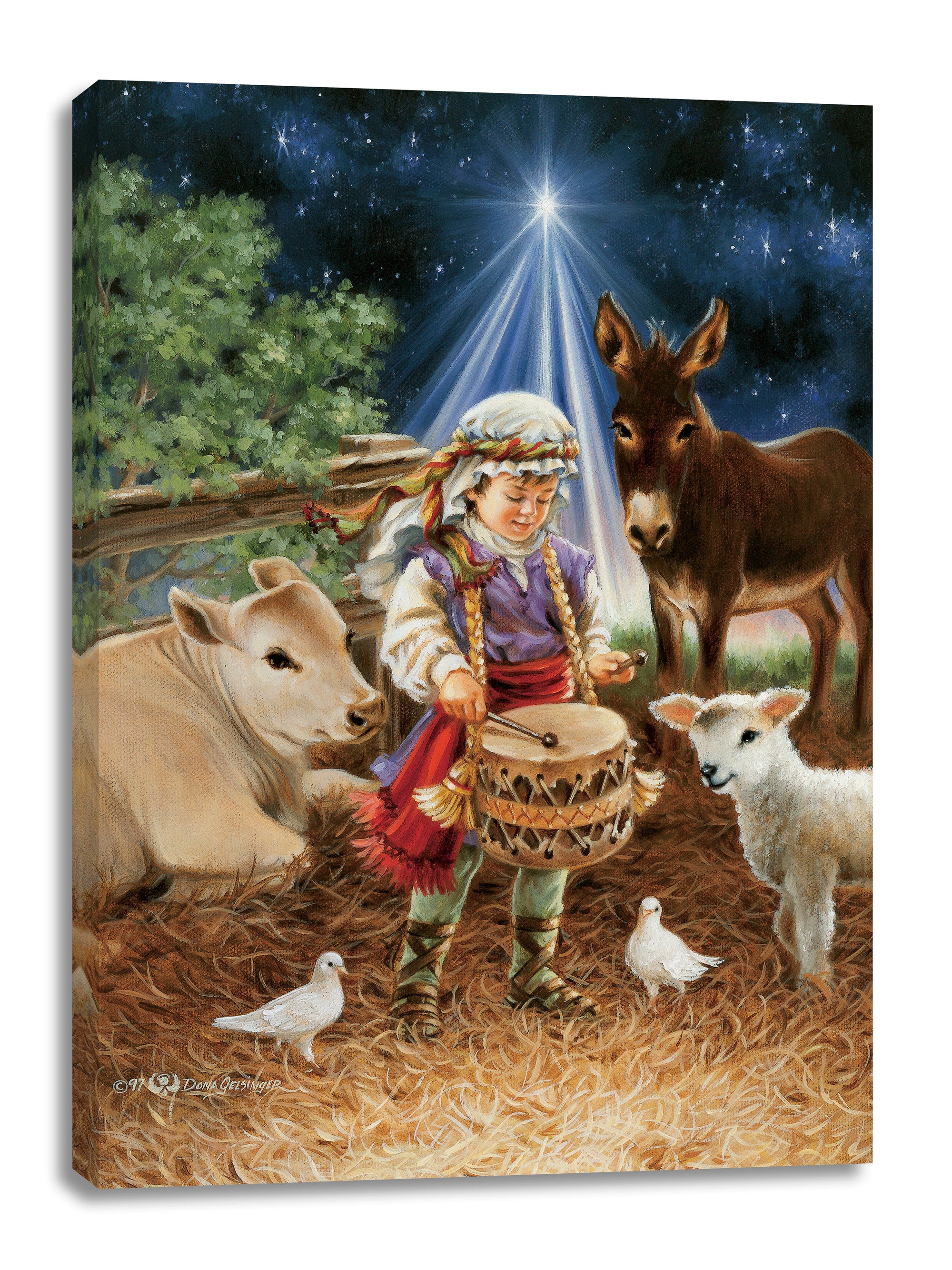  a charming little drummer boy, proudly wearing his drum around his neck, while standing amidst a peaceful and pastoral setting.  At the foot of the little drummer boy, you'll find two gentle doves, a sweet lamb, a friendly donkey, and a gentle cow, all gathered together in harmony, enjoying the music of his drum. As if to bless this serene scene, a radiant star illuminates the entire canvas, casting its radiant light over the tranquil scene.