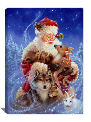  This enchanting piece depicts a jolly Santa, dressed in his iconic red suit, holding a precious cub and fawn in his loving arms. As he stands surrounded by the peaceful winter forest, a magical snow flurry dances around them, creating a truly whimsical scene.