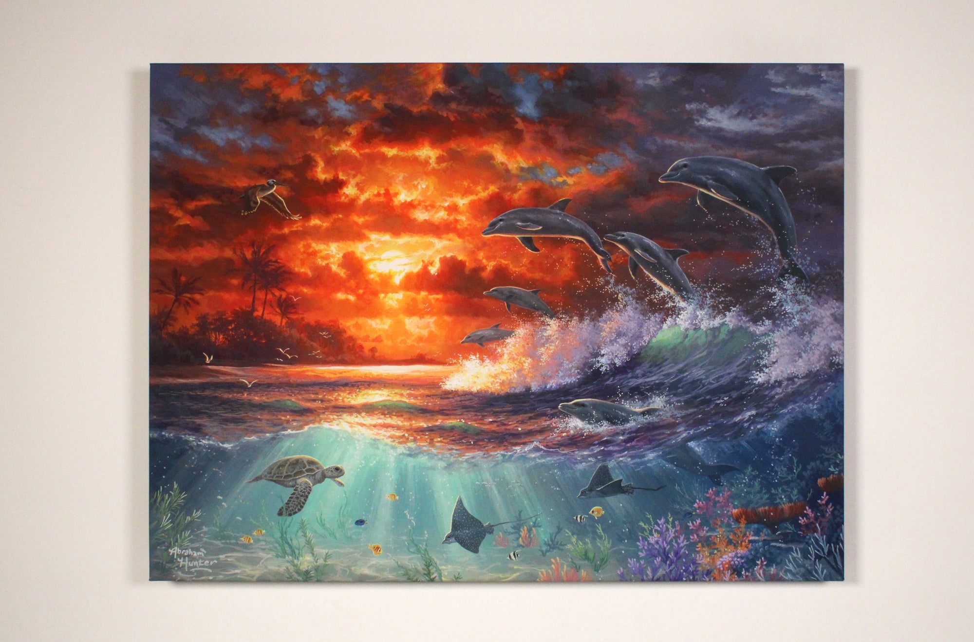 Beyond the Shore 18x24 Fully Illuminated LED Art. Dolphins jumping out of ocean with other sea life beautifully photographed.