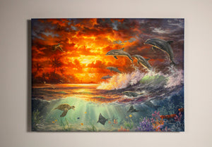 Beyond the Shore 18x24 Fully Illuminated LED Art. Dolphins jumping out of ocean with other sea life beautifully photographed with the backlight turned on.