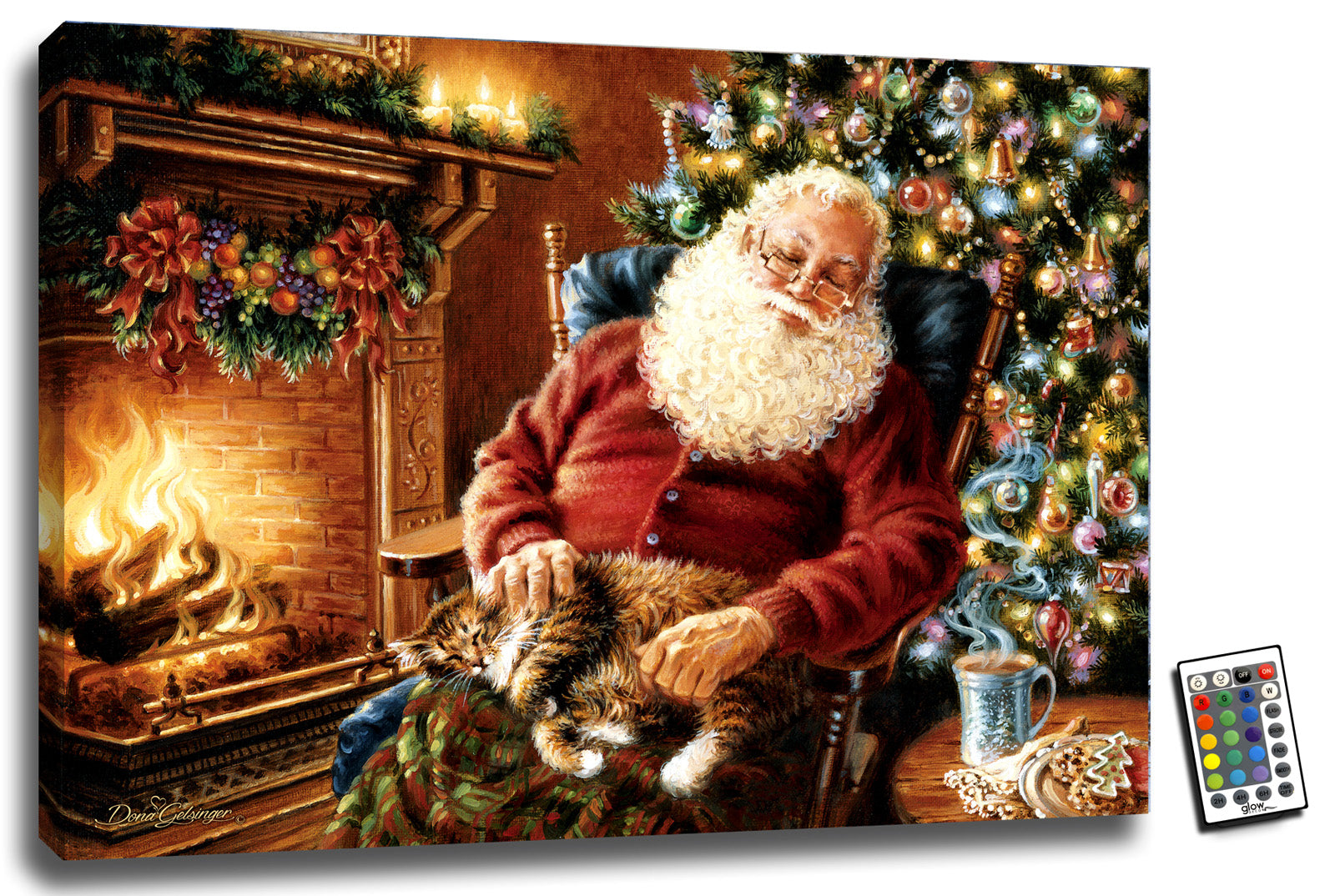  Santa Claus taking a much-deserved break from his gift-giving duties, cozying up in a chair next to a roaring fireplace with a contented cat snoozing on his lap.  Above the fire, a lush garland adds to the festive ambiance, while a steaming cup of hot cocoa and freshly baked Christmas cookies sit on a nearby table