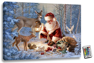 Abundance of Joy, a stunning 18x24 fully illuminated LED wall art. Set in a picturesque winter wonderland, Santa Claus is surrounded by a group of adorable woodland creatures as they revel in the beauty of the snow.