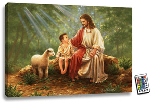 This 18x24 masterpiece captures the essence of unconditional love, as Jesus sits with a young child and a gentle lamb stands nearby.  The stunningly realistic portrayal of the forest canopy shining with brilliant light provides an enchanting backdrop to this mesmerizing scene.