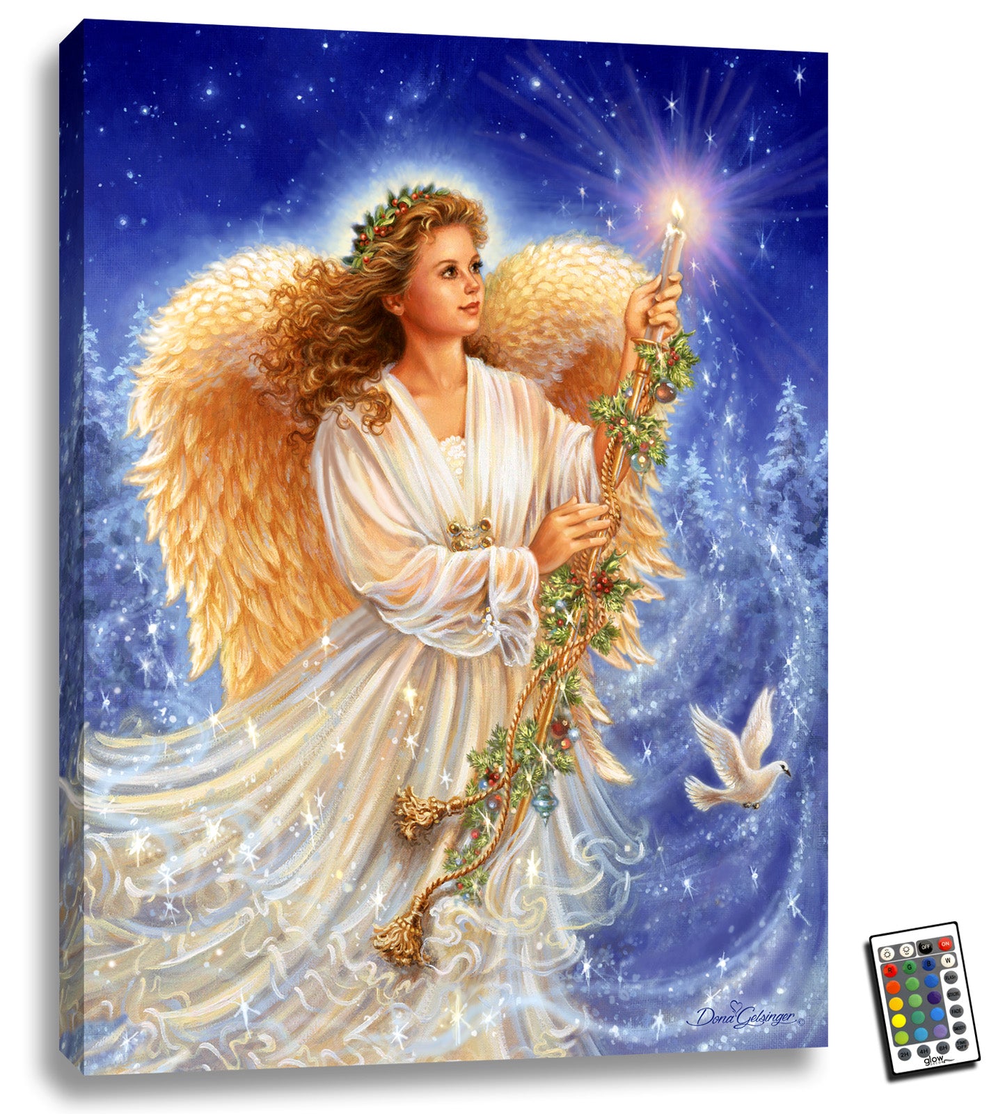 an angel in white, with her majestic wings spread wide, holding a staff with a flickering candle on its tip. a dove flutters nearby, adding to the enchanting aura of this captivating piece. And as if caught in a flurry of magical snowflakes.