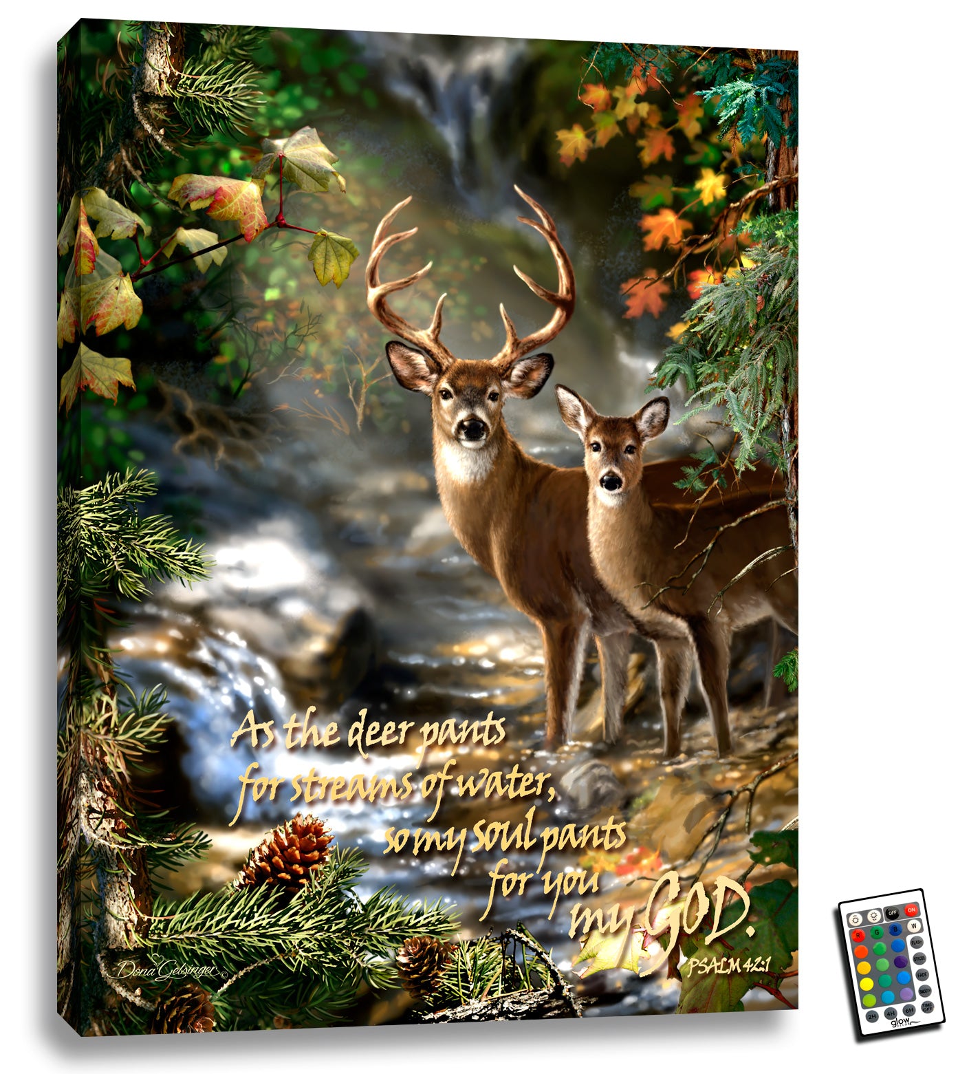 A stunning depiction of a doe and buck standing in a serene stream in the heart of a lush forest, this art piece is sure to captivate your senses.