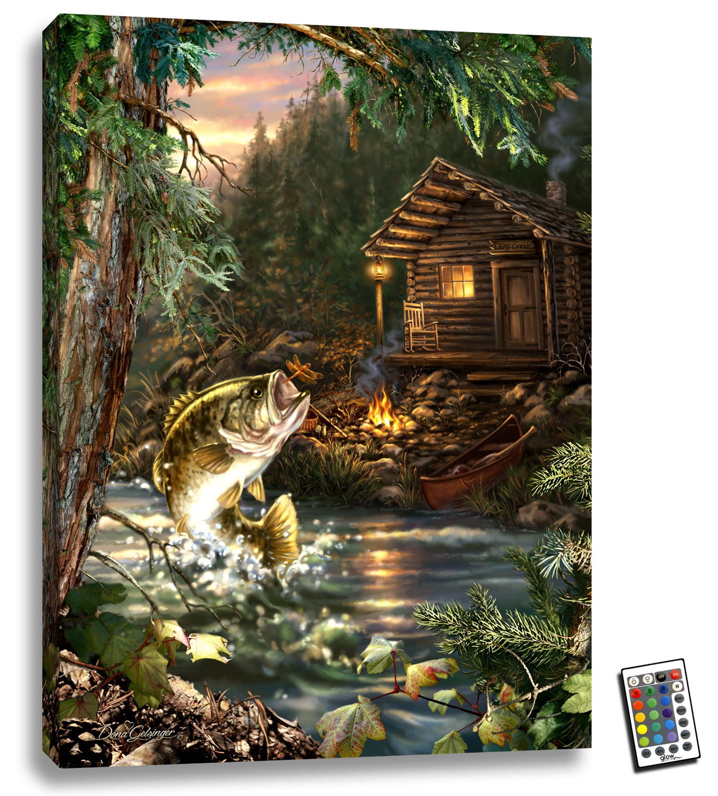 This stunning piece of art depicts a breathtaking moment where a fish leaps out of the water in pursuit of a dragonfly, creating a truly captivating image.  The peaceful and rustic cabin just off the bank adds a touch of tranquility to the scene, reminding us of the simple pleasures of life. The warm glow of the campfire in front of the cabin evokes a sense of coziness and invites us to sit back and relax, taking in the beauty of nature.