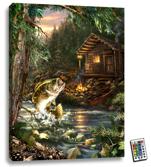 This stunning piece of art depicts a breathtaking moment where a fish leaps out of the water in pursuit of a dragonfly, creating a truly captivating image.  The peaceful and rustic cabin just off the bank adds a touch of tranquility to the scene, reminding us of the simple pleasures of life. The warm glow of the campfire in front of the cabin evokes a sense of coziness and invites us to sit back and relax, taking in the beauty of nature.