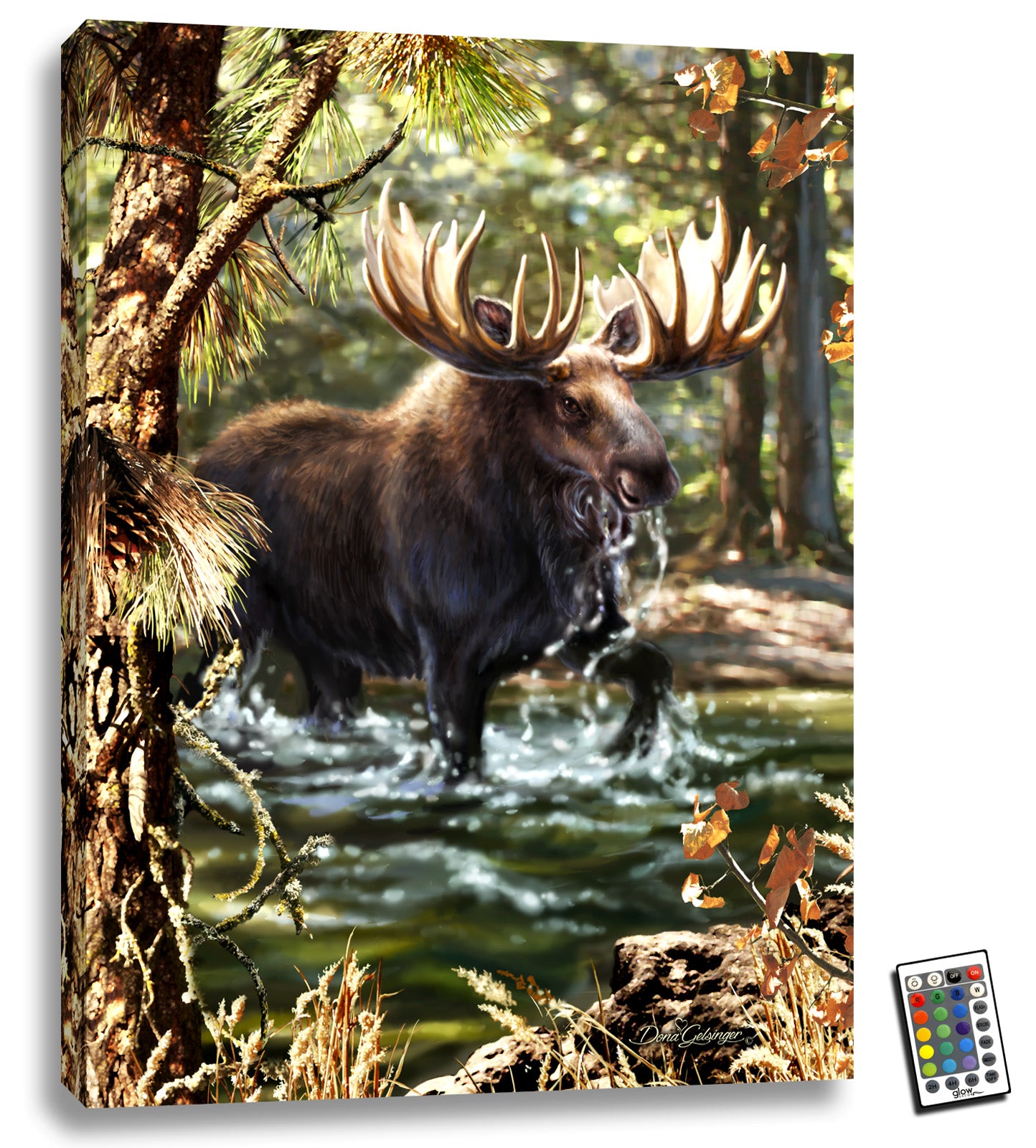 This stunning piece showcases a majestic moose walking through a river, his antlers stretched out powerfully as water falls from his mouth. The left side of the canvas is framed by a towering tree, adding to the natural beauty of this piece, while the bottom is framed by lush foliage.