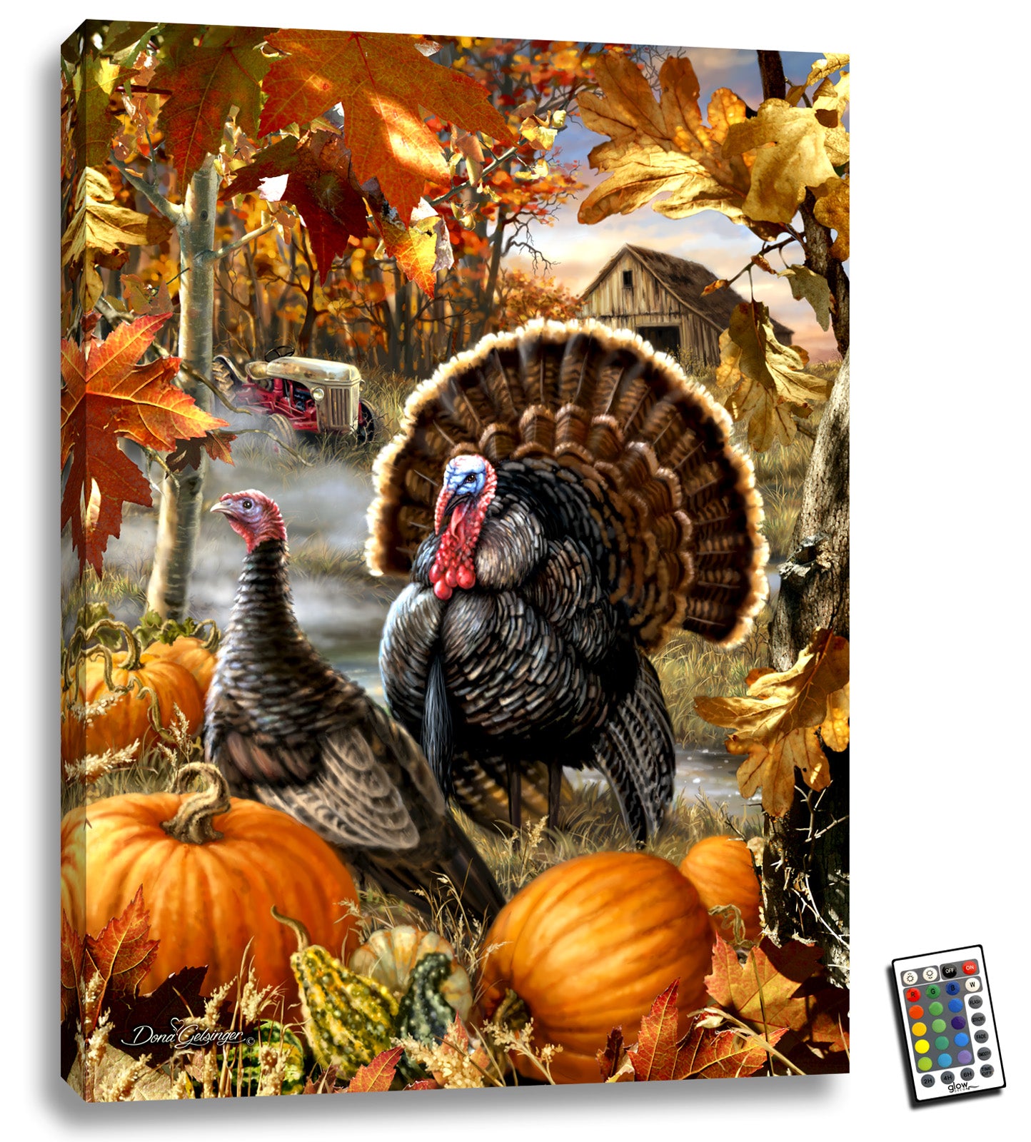 This captivating piece of artwork features two majestic turkeys standing proudly in the center of the frame, surrounded by vibrant pumpkins and gourds in the foreground. The intricate details of the turkeys' feathers and the bright, vivid colors of the fall produce create a truly stunning visual display that will leave you in awe.