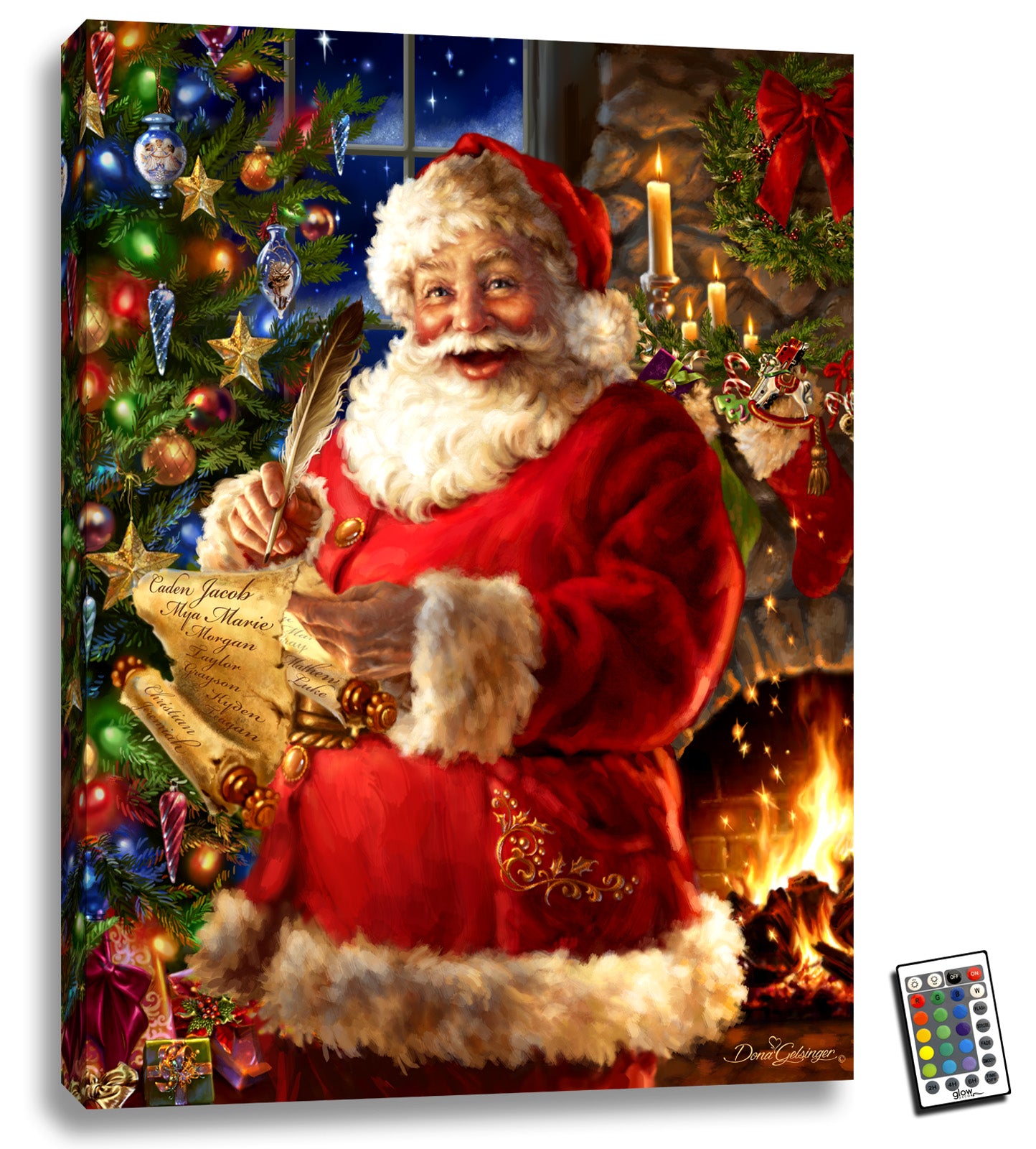  This stunning 18x24 masterpiece captures the magic of Christmas as Santa Claus works diligently on his naughty and nice list with a beautifully decorated Christmas tree and roaring fireplace in the background.