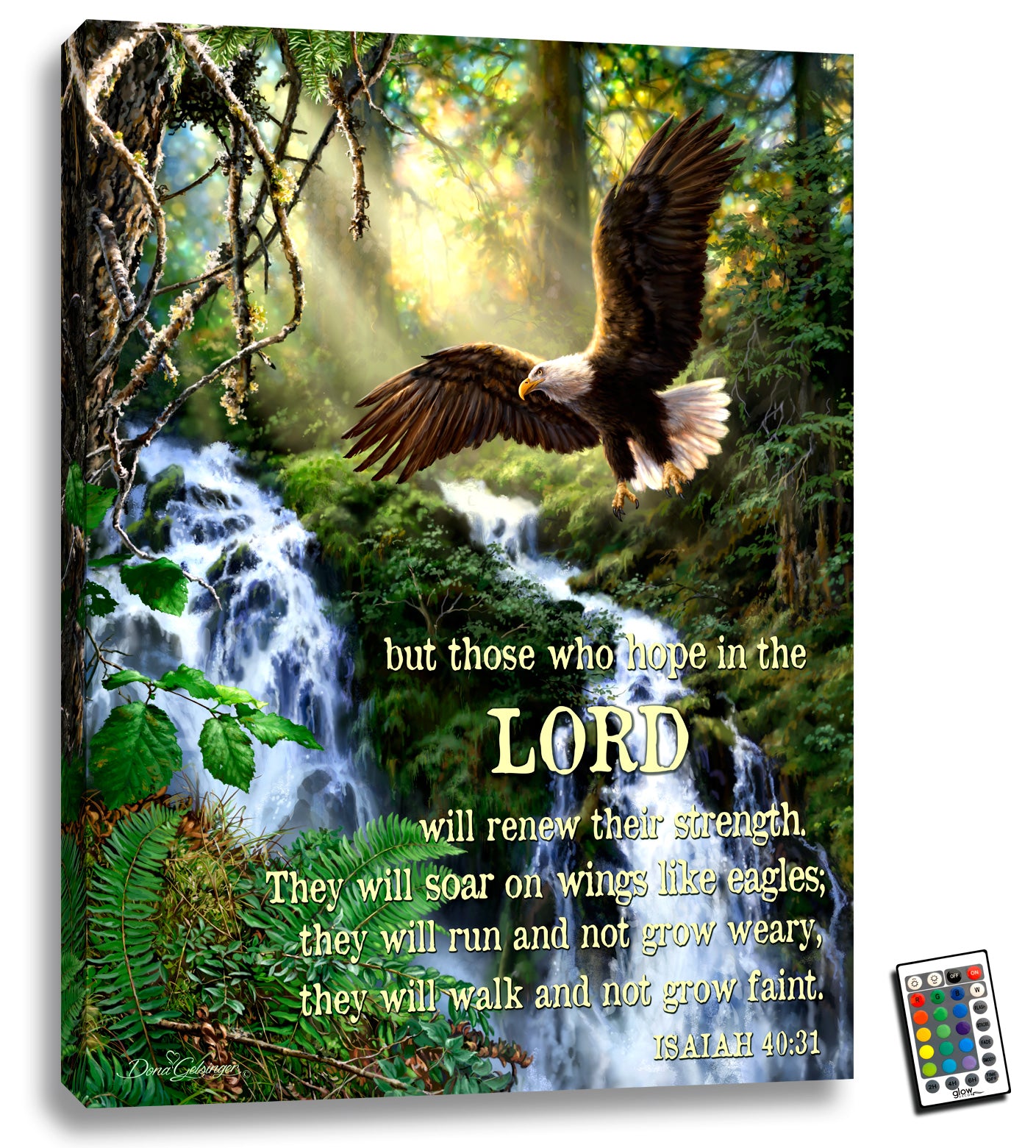  This stunning 18x24 canvas features a majestic bald eagle soaring over a peaceful stream, with rays of light filtering through the surrounding forest.  But that's not all - this artwork also features the uplifting words of Isaiah 40:31