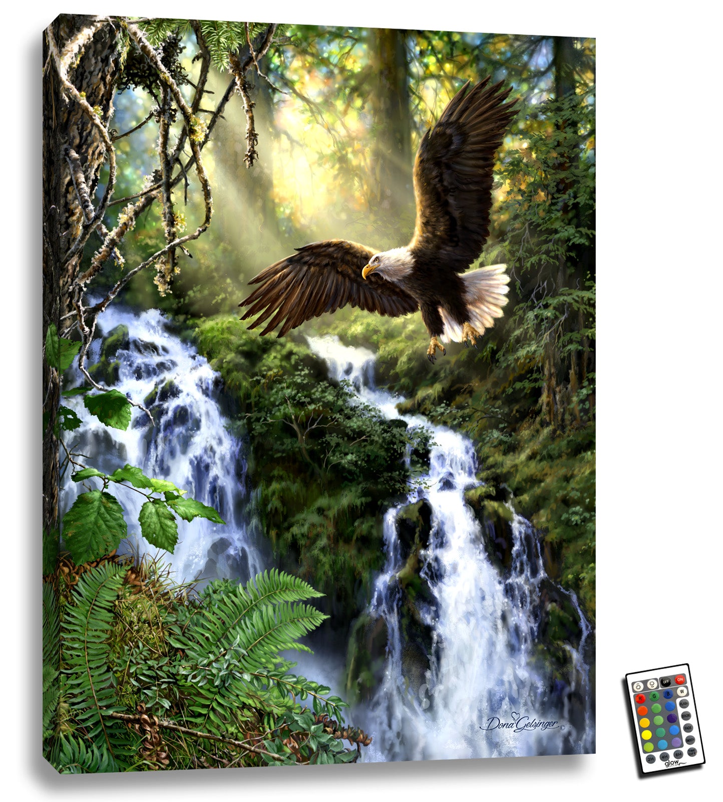 This stunning piece features a majestic bald eagle soaring through the sky in front of a tranquil stream, surrounded by the serene beauty of a lush forest.  The intricate detailing of the eagle's feathers and the stunning light piercing through the forest make this piece truly exceptional.