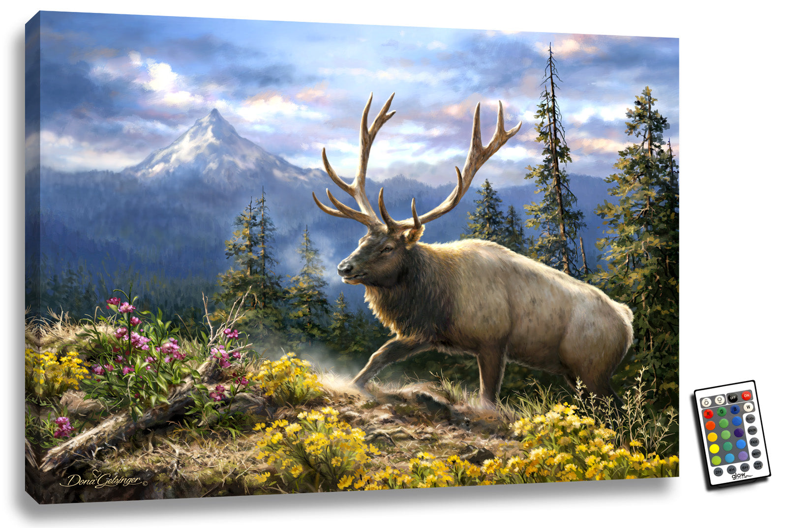 This stunning piece showcases a majestic elk standing strong on a rocky bluff, surrounded by vibrant yellow and pink flowers that lend an air of delicacy and beauty to the scene.  The elk's regal stature is emphasized by the lush forest and towering peak in the background.