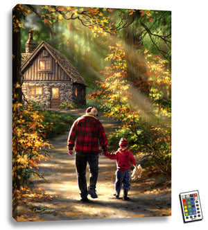 This stunning piece of art depicts a heartwarming scene of a father and his son walking hand in hand down a path towards a charming stone cottage, surrounded by a lush forest. The young boy holds a teddy bear in his other hand.