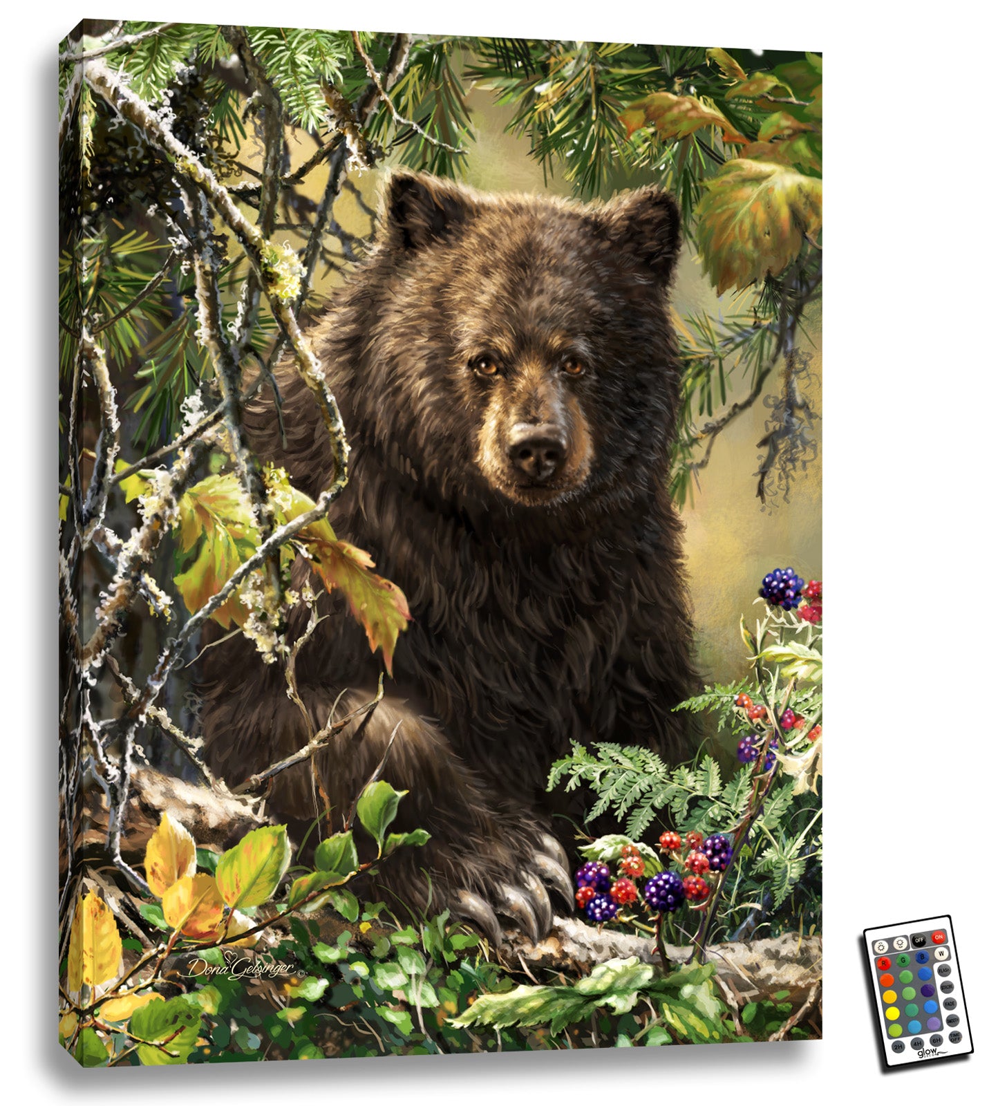 Black Bear Woods 18x24 Fully Illuminated LED Wall Art. This stunning piece features a majestic black bear sitting peacefully in the woods, surrounded by the vibrant hues of red and blue berries.