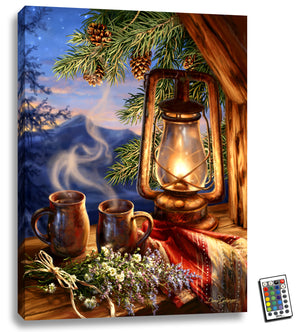 This stunning piece captures the beauty of a quiet morning with two steaming cups of coffee sitting on a wooden table, accompanied by a rustic lantern, a soft towel, and a charming bouquet of wildflowers.