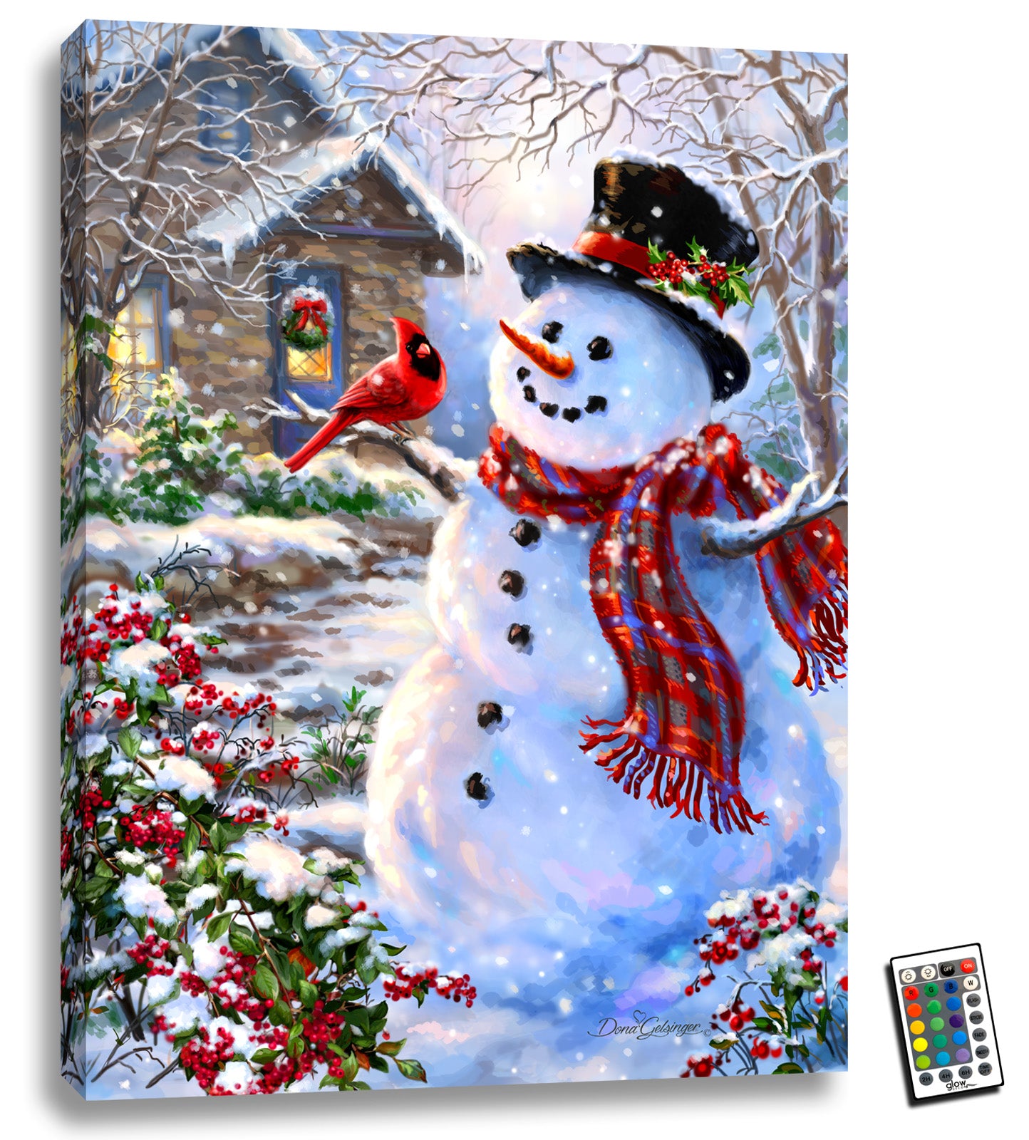 The star of the show is a cheerful snowman, beaming with joy as it stands with a sweet cardinal perched on her arm. Behind them is a charming cottage, complete with a blue door and a welcoming wreath, inviting you to step inside and cozy up by the fire.
