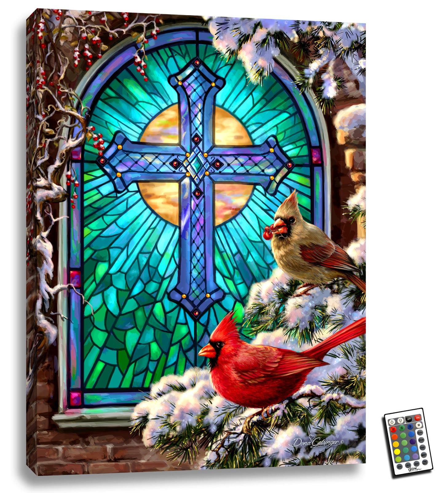  This stunning 18x24 piece features two graceful cardinals perched on a snow-covered branch, set against a backdrop of richly colored stained glass.