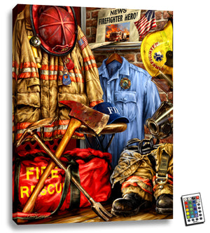 Experience the heroism and bravery of a firefighter every day with our Hometown Hero Firefighter Fully Illuminated LED Wall Art. This stunning 18x24 display showcases a firefighter's full garb, including a helmet, fireproof suit, mask, axe, and crowbar, all laid out in a room.