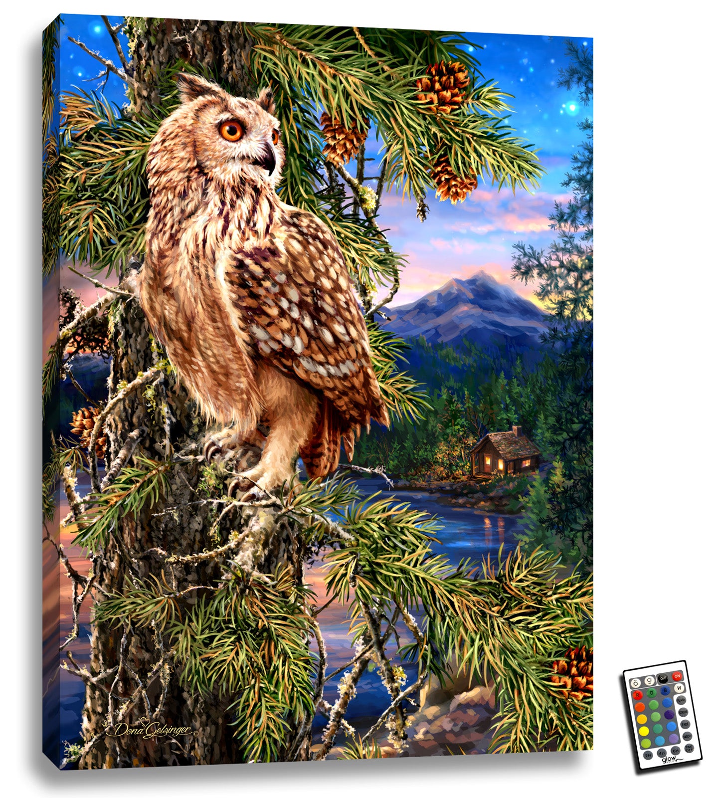 Featuring a majestic owl perched on a pine tree. Behind the owl, you'll find a cozy cabin sitting on the edge of a shimmering lake, surrounded by the lush greenery of the woods.