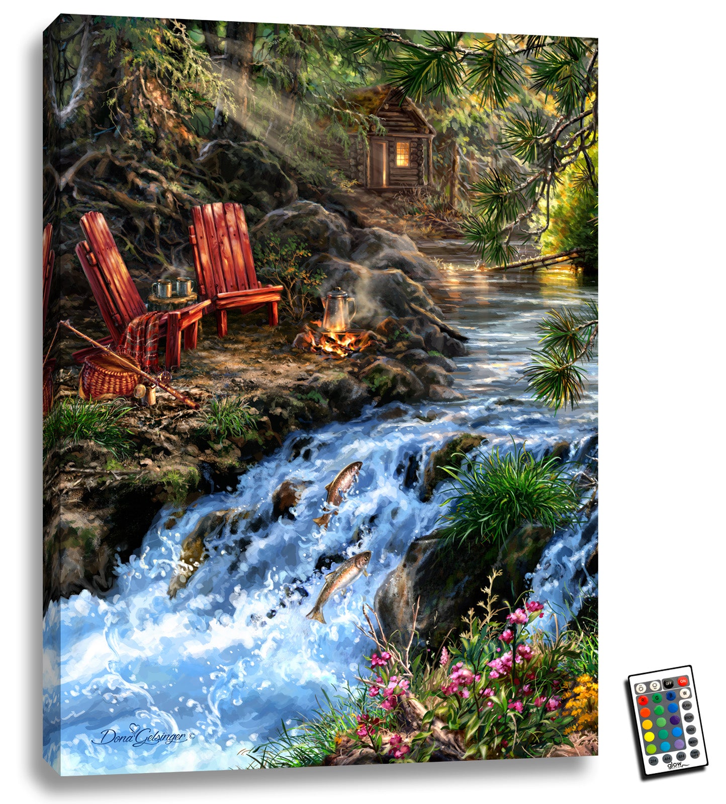 This picturesque scene captures the essence of romance amidst the tranquil waters of a small river. Watch as the mighty salmon jump out of the water, making their way up the stream. Cuddle up with your significant other on the cozy chairs beside the roaring fireplace, complete with a steaming kettle