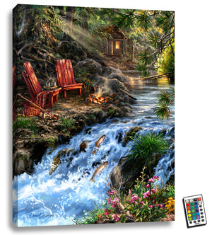This picturesque scene captures the essence of romance amidst the tranquil waters of a small river. Watch as the mighty salmon jump out of the water, making their way up the stream. Cuddle up with your significant other on the cozy chairs beside the roaring fireplace, complete with a steaming kettle