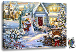 This stunning 18x24 art piece features a heartwarming scene of a happy snowman standing close to a charming red door of a snow-covered house. The whimsical design of the snowman is sure to bring a smile to your face, while the glowing LED lights add a touch of enchantment to the whole piece.