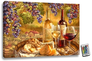 This stunning piece features a beautiful display of wine bottles, glasses, fine cheese, and bread on a platter, illuminated with gentle LED lighting that creates a warm, inviting ambiance.  As you gaze at this exquisite artwork, you'll feel as though you've been transported to a picturesque villa nestled in the heart of wine country. The lush grape vines that adorn the canvas provide a stunning backdrop, evoking the timeless beauty of the Italian countryside.
