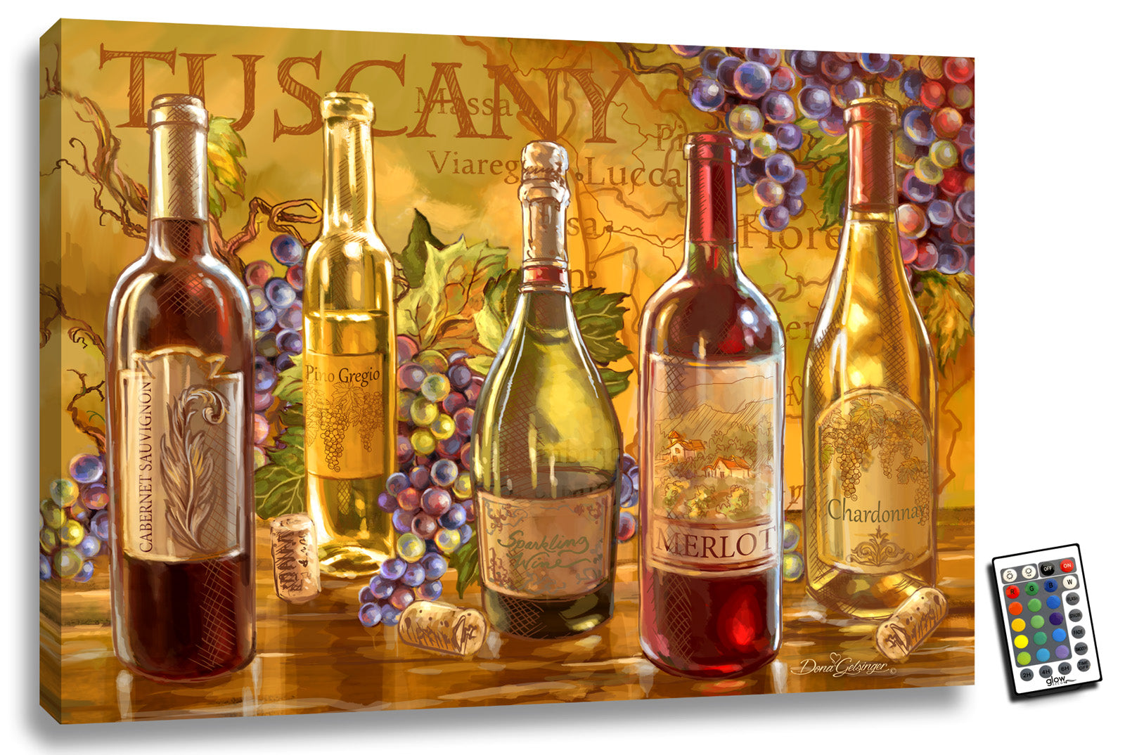 The canvas features an array of wine bottles, each uniquely crafted with their corks and labels, creating a beautiful display of artistry. Lush vines of grapes lay around the bottles, reminding us of the vineyards that produce the finest wines.