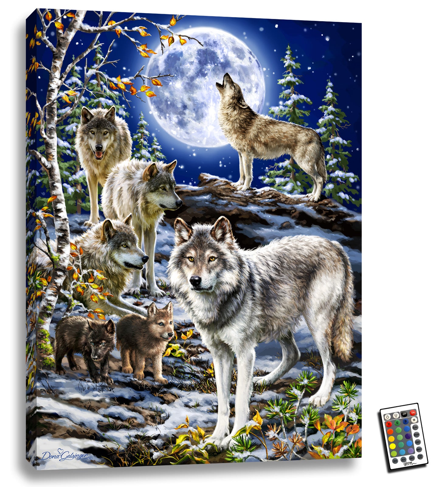 As you gaze upon the majestic image of a pack of wolves standing in a snow-covered landscape, you'll feel the power and magic of their bond.  The pack includes two playful pups who are clearly adored by their elders, and one wolf stands atop a rock, howling at the large full moon in the background.