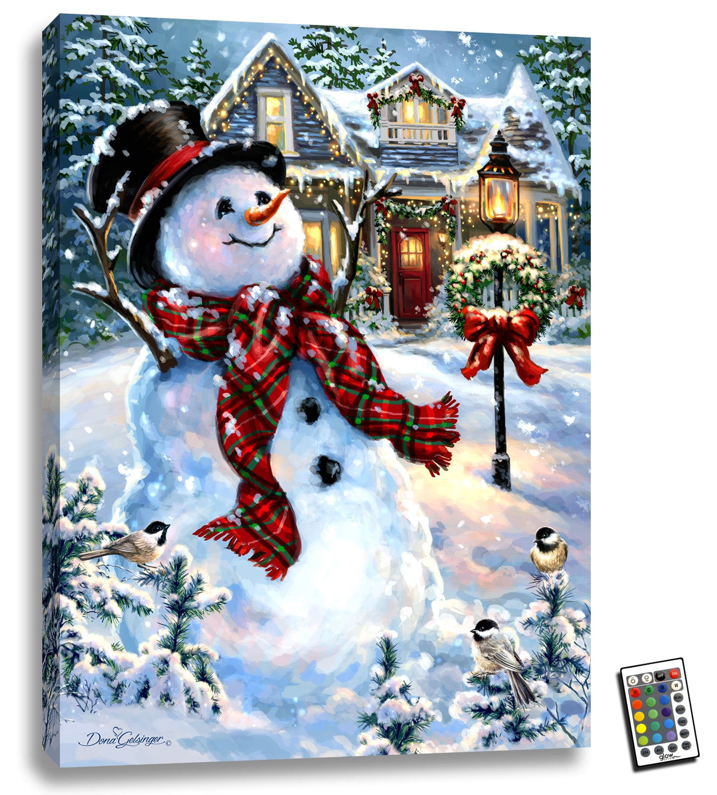 This 18x24 piece features a jolly snowman surrounded by a winter wonderland, complete with a charming snow-covered house in the background.