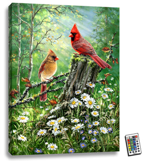  Delight in the sweet romance captured in this stunning forest scene, where two cardinals perch amidst the lush foliage and colorful wildflowers.
