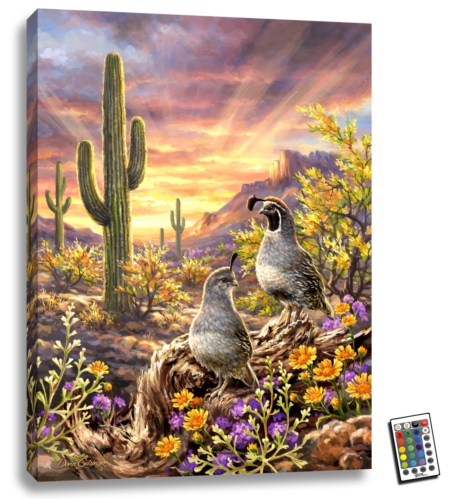 Two quails, the epitome of romance and devotion, stand proudly amidst a stunning array of vibrant purple and yellow flowers, surrounded by a desert scene full of towering cacti and delicate desert blooms. In the distance, a majestic plateau stands tall, adding to the natural beauty of this awe-inspiring piece.