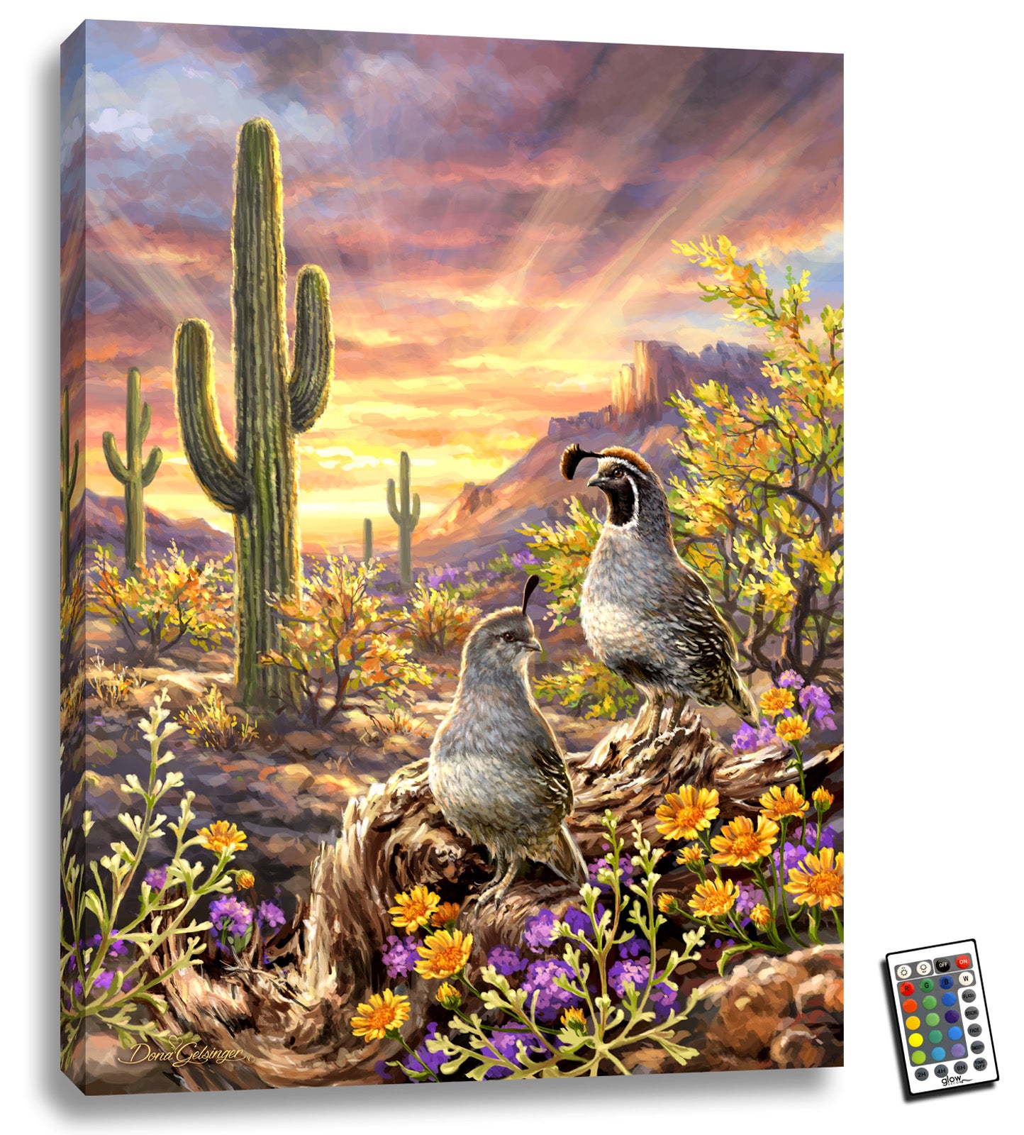 Two quails, the epitome of romance and devotion, stand proudly amidst a stunning array of vibrant purple and yellow flowers, surrounded by a desert scene full of towering cacti and delicate desert blooms. In the distance, a majestic plateau stands tall, adding to the natural beauty of this awe-inspiring piece.